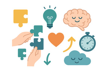 Hands assembling puzzle pieces, brain, lightbulb, heart, and stopwatch conceptual symbols