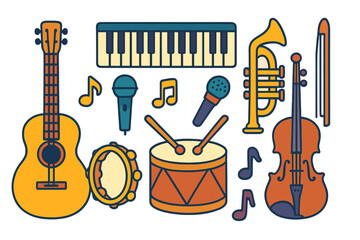 Naklejka premium Collection of diverse musical instruments including guitar, keyboard, trumpet, violin, drum, and microphones
