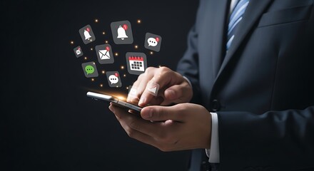 Businessman using smartphone with social media icons floating around, showcasing modern communication and connectivity