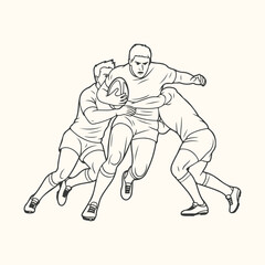 Fototapeta premium Vector art of rugby player being tackled by two opponents during a game, dynamic action illustration in black and white line art style