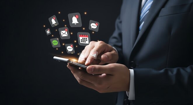 Businessman using smartphone with social media icons floating around, showcasing modern communication and connectivity