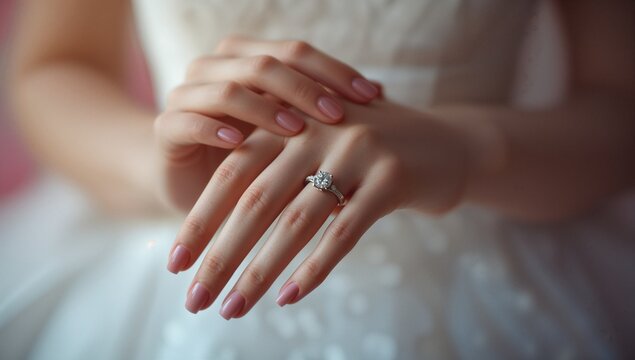 Resting woman's pale pink hands on wedding gown fabric in studio, with solitaire diamond ring - Powered by Adobe