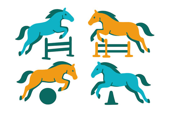 Colorful horses jumping hurdles and obstacles during equestrian training