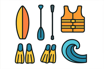 Obraz premium Colorful water sports equipment and safety gear featuring surfboard paddles fins and life vest
