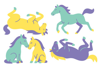 Four colorful stylized horses running, sitting, and rolling in playful poses