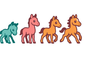 Four adorable foals in various poses representing different ages or development stages