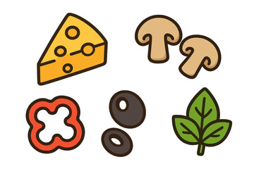 Delicious food ingredients set featuring cheese, sliced mushrooms, black olives, and red pepper