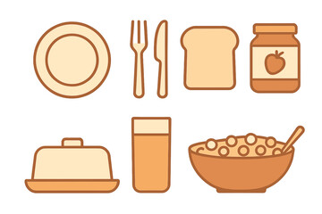 Collection of breakfast items: plate, fork, knife, toast, jam, butter, drink, and cereal bowl