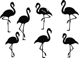 Flamingo silhouette illustrations, black vector birds, standing on one leg, elegant poses, nature clipart, wildlife design, minimal art collection