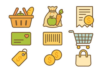 Colorful commerce and grocery icons featuring shopping cart, basket, receipt, price tag, and money symbols