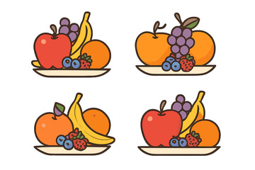 Colorful arrangements of fresh apples bananas grapes oranges and berries served on small plates