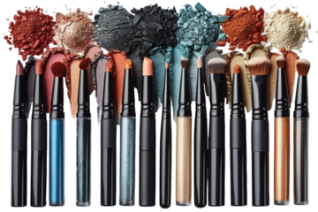 Professional makeup brushes and eyeshadow palettes in various colors for beauty and cosmetic applications on transparent background