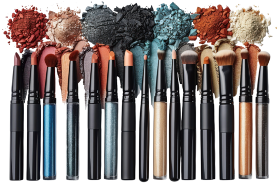 Professional makeup brushes and eyeshadow palettes in various colors for beauty and cosmetic applications on transparent background
