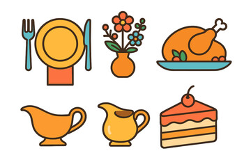 Festive holiday dinner icons featuring roasted turkey, dessert cake, and table setting elements
