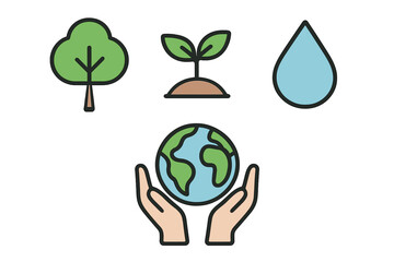 Environmental conservation symbols showing tree, seedling, water drop, and hands protecting the planet