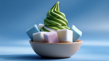 Ice cream with colorful cubes dessert on blue background