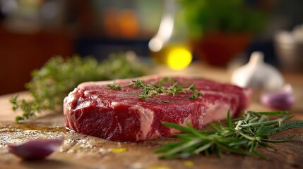 Raw steak with herbs and spices on wooden surface