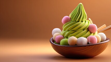 Green ice cream dessert with colorful mochi balls and wooden bowl composition