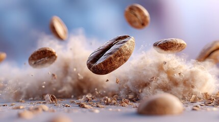 Roasted coffee beans in motion with dust and debris