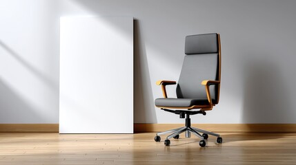 Modern office chair and blank poster standing by the wall