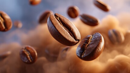 Roasted coffee beans floating against abstract background