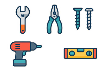 Wrench, drill, pliers, screws, and level gauge essential construction tools set