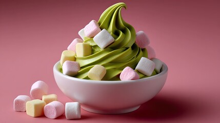 Green soft serve ice cream with marshmallows in a white bowl