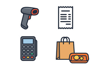 Barcode scanner, payment terminal, receipt, and shopping bag symbols for retail transactions