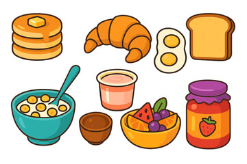 Popular breakfast food collection featuring pancakes, croissant, fried egg, toast, cereal, and fruit salad