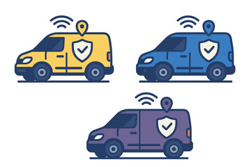 Fototapeta premium Three cargo vans with security shield and location pin for delivery logistics