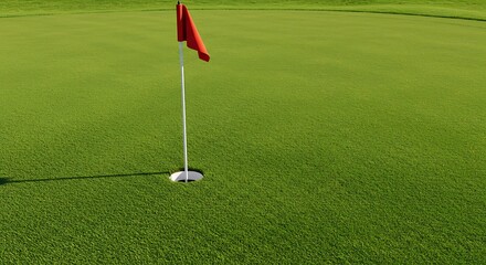 Obraz premium Golf Course Green with Flagstick and Red Flag on a Sunny Day.