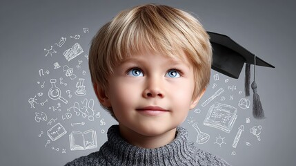 Young boy with blonde hair and blue eyes contemplating education future