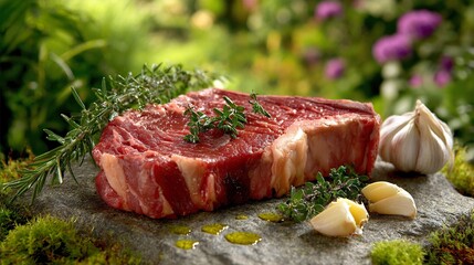 Raw beef steak with herbs and garlic on stone surface