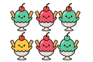 Seamless pattern of cute cartoon ice cream sundaes with happy faces, cherry topping, and wafer sticks