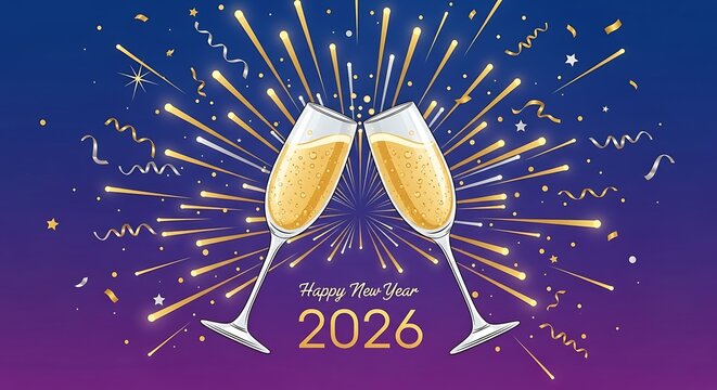 Cheers to a sparkling New Year 2026 with champagne and festive fireworks