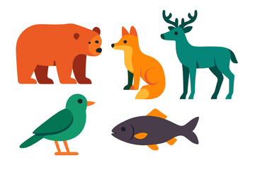 Stylized collection of wild forest and aquatic animals including bear fox deer bird and fish