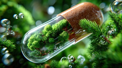 Pill capsule with vibrant green plant life nature and healthcare concept