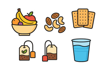 Simple outline graphics of healthy snacks including fruit, nuts, biscuits, teabags, and water glass