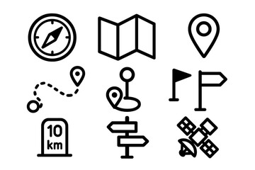 Essential outline icons set for navigation, location, maps, and travel applications