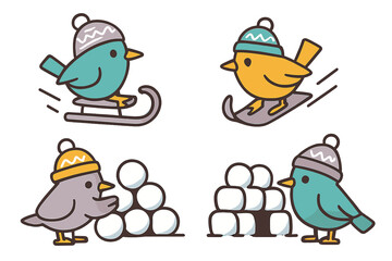 Cute cartoon birds playing winter sports and having a snowball fight on white