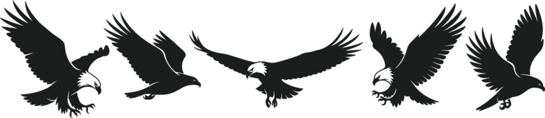 Obraz premium Eagle silhouette illustrations, black flying birds, landing poses, wide wingspan, wildlife vector art, freedom symbol, nature clipart, dynamic motion design