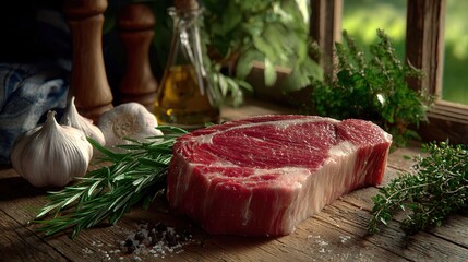 Raw beef steak with herbs and garlic on wooden surface