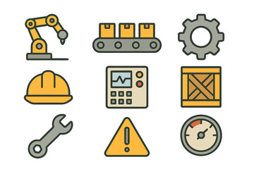 Industrial manufacturing icons set with robotic arm, conveyor belt, gear, and hard hat