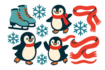 Cute winter scene with playful penguins, ice skates, warm scarves, and falling snowflakes