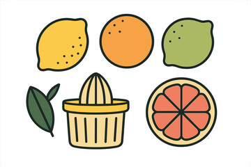Lemon, orange, lime, and grapefruit slices with a manual citrus juicer tool