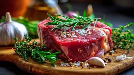 Raw steak with herbs and spices on wooden board