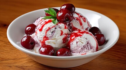 Ice cream dessert with fresh cherries in a white bowl