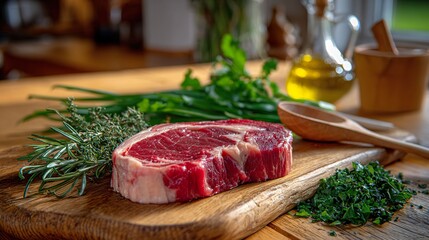 Raw beef steak and fresh herbs on a wooden board