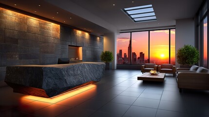 Modern office interior with city sunset view