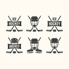 Vector art of collection of six stylized ice hockey emblems featuring helmets, crossed sticks, and pucks, isolated on a
